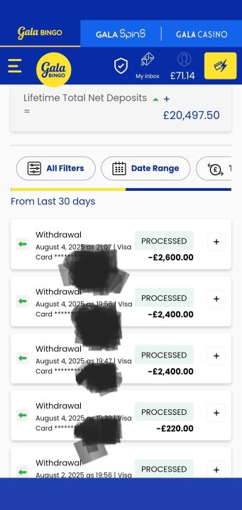 Captura de tela de uma conta de bingo de gala -registro de histórico com várias gravações processadas em 4 de agosto de 2025, incluindo valores de £ 2.600, £ 2.400 e £ 220.