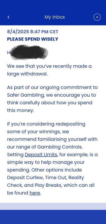 Captura de tela da caixa de entrada do aplicativo de bingo de gala de 4 de agosto de 2025, na qual ele aconselhou um jogador que fez uma grande retirada para 