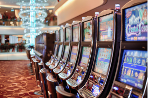 A row of brightly lit slot machines inside a modern casino, with chairs in front of each machine and a decorative chandelier in the background. Illinois Gaming Board revokes Cicero gambling license over alleged organized crime ties