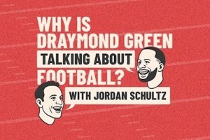 Jordan Schultz Partners with Panatics SPORTSBOK, YouTube Show, the podcast season. Red drawing with photo faces of Jordan Schultz and Drimon Green. Read the bold white and white text: "Why Drimid Green talks about football? With Jordan Schultz."