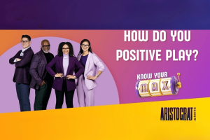 KNOWYORMAX was launched to expand the positive play campaign for Aristocrat. A promotional image of the positive play campaign for aristocratic games. Four people wearing purple clothes stand with the left. On the right, the text reads