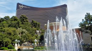 Wynn Resorts Hotel and Casino in Las Vegas, with fountains in front of the building.