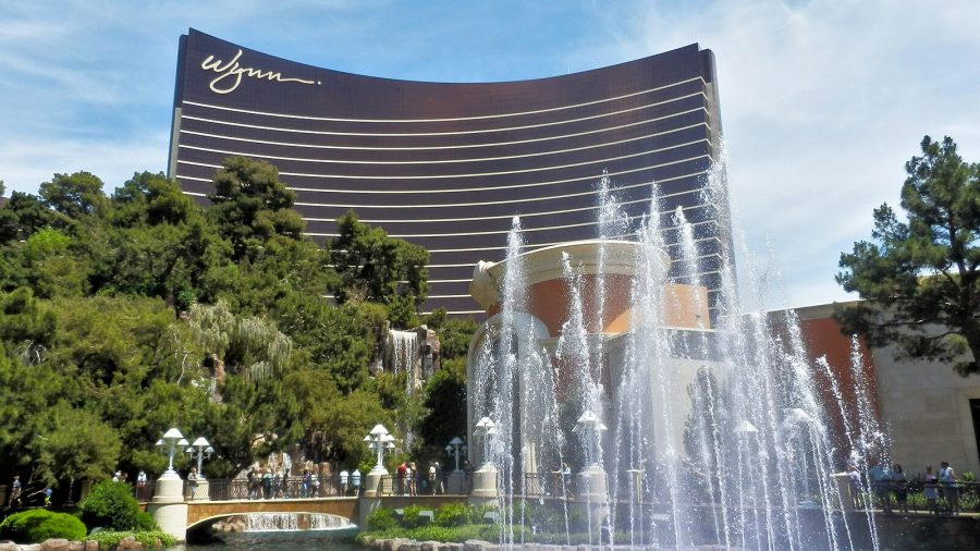 Wynn Resorts hotel and casino in Las Vegas, with fountains in front of the building.