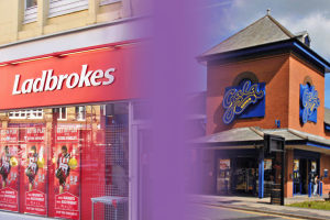 A vehicle image shows the Ladbrokes store on the left and the Bingo Gala hall on the right, separated by a purple gradient.
