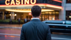 A photograph depicting the back of a young man, roughly 24 years old, standing before a brightly lit casino entrance. He's dressed in a crisp, dark grey suit with a white dress shirt and his dark hair is neatly styled. The sign above the entrance boldly reads "CASINO" in neon red letters, reflecting onto the polished pavement. A sleek black limousine waits curbside, partially obscured by a soft, late-night glow of streetlights and the casino’s interior.