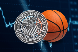 Calcia pulse, polymer polymers on Haseet for Federal Reserve Chair, as well as stagnation and desecars. A drawing shows the stamp of the Federal Reserve for the United States and basketball against the background of the stock market scheme.