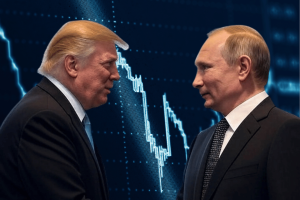 Trump Putin's prediction meeting dominates that Calchi and Polymarket face scrutiny on the differences in the market. Trump and Putin face each other with the background of a financial scheme, symbolizing the stakes of the prediction market.