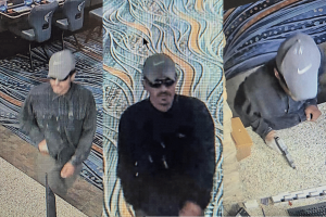 Sherif is looking to help identify an armed theft suspect, Little Kreik. Three monitoring pictures of an armed robbery suspect in the Little Kreik Casino. The man wears a light gray -gray nike hat, dark sunglasses, a dark or gray shirt equipped with neck, and dark pants. In one image, he appears to walk. In another, he faces the camera. In a third, he is seen from the top at a meter carrying a silver pistol in his right hand, wearing a transparent plastic glove.