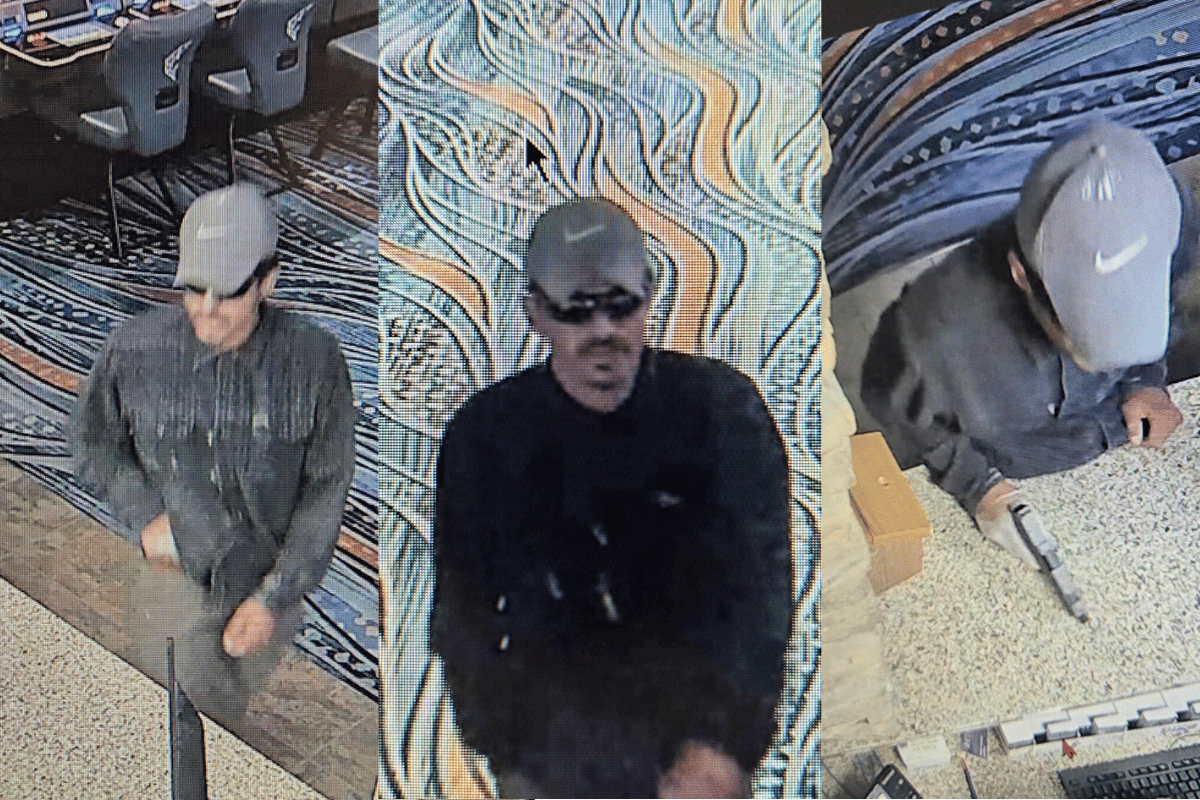 Sheriff seeks help identifying Little Creek Casino armed robbery suspect. Three surveillance images of an armed robbery suspect at Little Creek Casino. The man is wearing a light gray Nike baseball cap, dark sunglasses, a dark or gray flannel shirt buttoned to the neck, and dark pants. In one image, he appears to be walking; in another, he faces the camera; and in the third, he is seen from above at a counter holding a silver handgun in his right hand, wearing a clear plastic glove.