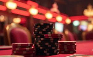 A pile of red and black casino chips in a casino environment