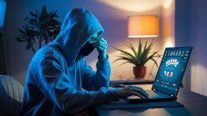 A cinematic snapshot of a person sitting on an office, wearing Hoody and a mask. They play a virtual Booker game on a laptop. The room is lightly lit, with a vessel preserved and a lamp in the background. The laptop screen displays the poker table with many players and different cards symbols. WLA shares a commitment to combat matches and maintain sports integrity