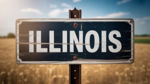 A picture of the resurrected wood symptop, indicating the text and shows the text "Illinois" boldly and in white capital. For several years, he has affected grain grain and slightly distressed and slightly few years, and the metal post. The sign is behind a feeling of rural peace and cloudy appearance of the golden wheat below the open blue sky. The sunlight shine brightly brightly and brings shadows and emphasizes the texture of the wood.