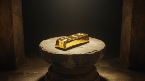 A sparkling, sparkling picture of pure gold rest on a dust base in a completely dark room. The length of the golden tape is about 12 inches, which reflects the most faint hints of the invisible light and shows hidden traumors along its surface. The base of the statue consists of the old stone, adds a sense of history and ambiguity to the scene, and is concentrated within the area of blacks otherwise. One beam of concentrated light sheds light on gold, creating exciting shades and emphasizing its radioactive glow.