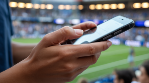 A photograph focusing on a teenager's hands gently holding a mobile phone. The hands are slightly weathered with a few faint freckles, and the fingernails are neatly trimmed with a pale pink polish, gripping the phone with relaxed confidence. The phone’s screen is intentionally blank, reflecting the ambient light, set against a blurred backdrop of a bustling sports arena filled with cheering fans and flashing lights. A soft, diffused light illuminates the scene, emphasizing the texture of the skin and the subtle details of the phone. Gen Z and gambling: the first generation of online sports betting