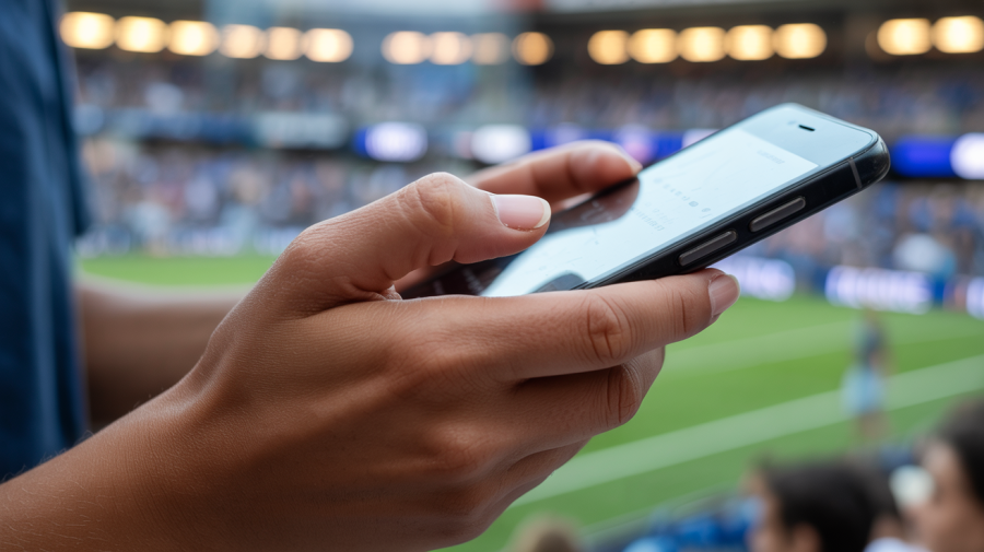 A photograph focusing on a teenager's hands gently holding a mobile phone. The hands are slightly weathered with a few faint freckles, and the fingernails are neatly trimmed with a pale pink polish, gripping the phone with relaxed confidence. The phone’s screen is intentionally blank, reflecting the ambient light, set against a blurred backdrop of a bustling sports arena filled with cheering fans and flashing lights. A soft, diffused light illuminates the scene, emphasizing the texture of the skin and the subtle details of the phone. Gen Z and gambling: the first generation of online sports betting