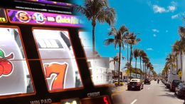 Nearly 250 slot machines seized in Florida illegal gambling busts. A split image showing a close-up of a slot machine with a winning combination on the left side, and a sunny Florida street lined with palm trees and cars on the right side.