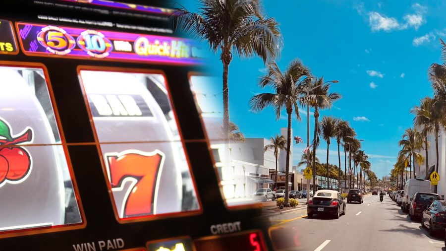 Nearly 250 slot machines seized in Florida illegal gambling busts. A split image showing a close-up of a slot machine with a winning combination on the left side, and a sunny Florida street lined with palm trees and cars on the right side.
