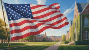 A national digital painting characterized by a vibrant American flag and waving the basic topic. Science is a little clear in movement, and its stars and lines are presented with clear details in exchange for a clear blue sky. Behind the flag, the sprawling campus and the beautiful college are visible, and it features buildings of brick covered with lobb and lush green meadow, with a soft focus to create depth. Warm and golden sun rays bathe the scene, receive long shades and highlight the architectural details of the university campus while the flag gently extends in the breeze.