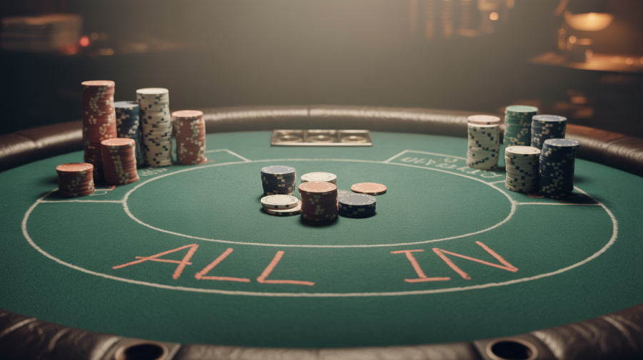 A photograph of a worn, green felt poker table in a dimly lit, smoky room. Scattered across the table are stacks of colorful poker chips – red, blue, white, and black – creating a sense of high-stakes anticipation. In the center of the table, a small pile of chips is arranged near "ALL IN" written in chalk on the surface, hinting at a tense moment. Soft, warm lighting filters through the haze, casting subtle shadows and highlighting the textures of the table and chips. Harrah's Cherokee Casino Resort welcomes poker players back as it prepares for tournament