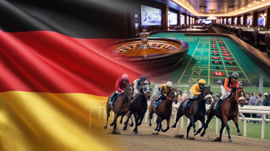 A photograph of a split-scene composition featuring the German flag prominently displayed on the left side. On the right, the opulent interior of a casino is visible, with roulette wheels and card tables bathed in a warm glow. A thrilling horse race unfolds on the left, featuring several sleek, dark bay horses galloping across a track, with spectators cheering along the sidelines. Soft, diffused lighting highlights the rich colors of the flag and the luxurious details of the casino, creating a dynamic contrast between sport and leisure.