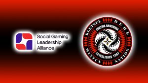 The California tribe joins the lottery, and opposes AB 831 restrictions. Displaying the slogans of the Social Games Command Alliance and Kletsel Dehe Wintun Nation side by side against a red background.