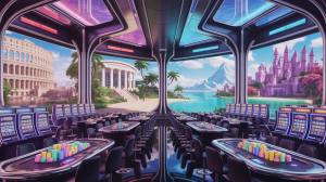 A vibrant digital illustration depicting a futuristic casino seamlessly integrated into a sprawling metaverse landscape. The casino features towering holographic displays showcasing glittering virtual slot machines and tables filled with glowing currency, all reflecting in the polished chrome of its architecture. Through massive panoramic windows, players are immersed in dynamic virtual environments—a bustling Roman forum, a tranquil tropical beach, and a fantastical medieval castle—all accessible from the casino floor, illuminated by a soft, ethereal glow. The scene is framed by towering digital trees and floating geometric structures, emphasizing the casino’s position as a gateway to boundless digital possibilities.