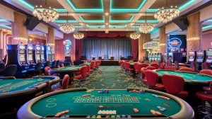 A photo of the inside of a casino. There are several tables with various casino games such as roulette, blackjack, and poker. There are also slot machines. The walls are adorned with chandeliers and neon signs. The floor is covered with green felt and is messy with scattered chips. The background contains a stage with a curtain and a few chairs. The overall image has a warm hue.