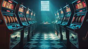 A picture of a lit liter room dominated by ranks of old gambling machines with glowing rollers. The machines are randomly arranged, and their surfaces that reflect the dimmed light light emitted from their shows and receive long shades across the worn floor. One column of light penetrates the room across a high window, lighting a group of poker chips on a nearby table, and the thick air with undeclared tension. The scene is steeped in a moody atmosphere, with deep blues and vegetables, they feel the feeling of confidentiality and expectation.
