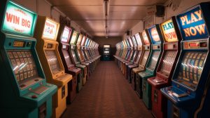 A picture of long, cheerful, dim lines filled with old entertainment machines and gambling devices. Three men accused of stealing video games in Chicago, claiming that more than 500,000 dollars were stolen