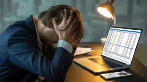 A photograph of a person with disheveled brown hair, face buried in their hands in a display of intense stress. A silver laptop sits open on a dark wood table, displaying a complex spreadsheet, while a smartphone with a cracked screen lies nearby. The background is a blurred office setting with muted gray walls and a single desk lamp casting a harsh, yellow light on the scene, emphasizing the feeling of exhaustion and pressure.
