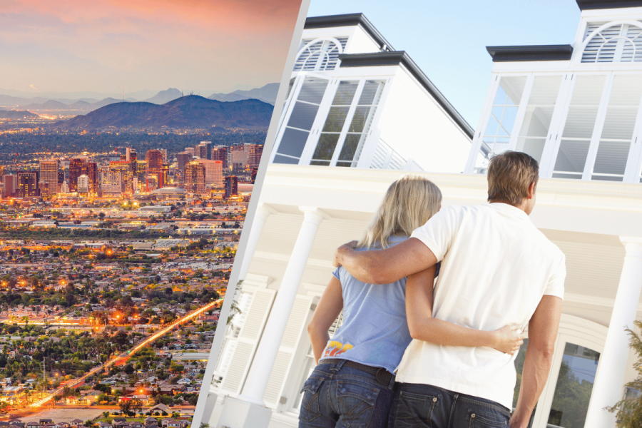 Arizona Department of Gaming issues $1.3M sweepstake ban order. Split image of cityscape of Phoenix, Arizona, and image of couple looking up at dream white house.