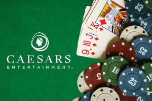 Caesars announces 2025 WSOP online fall series with $10M guarantees. Caesars Entertainment logo on green felt beside poker chips and playing cards showing a straight flush.
