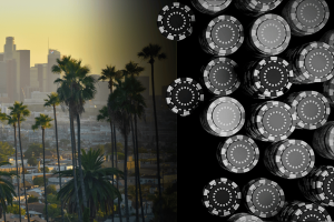 The California Senate reviews AB 831 to restrict the online lottery casinos. Divide the image that shows the Los Angeles horizon with palm trees on the left and components of black and white casino chips on the right.