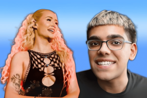 Controversial partners N3ON with Iggy azalea on encryption casino. The N3on current smiles next to the rapper Eiji Azza, who suffers from long blond hair with pink tones and wears black embossed clothes, against the background of a blue gradient.