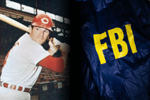 Split image showing baseball player in a Cincinnati Reds uniform holding a bat on the left and a blue FBI jacket with large yellow letters on the right. FBI files reveal alleged gambling and narcotics ties involving MLB Pete Rose
