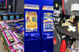 Illegal arcade raid evidence showing gambling video game tables, slot machines, stacks of seized cash, and counting machine on a desk. Florida authorities seize illegal slot machines, shutting down two arcades