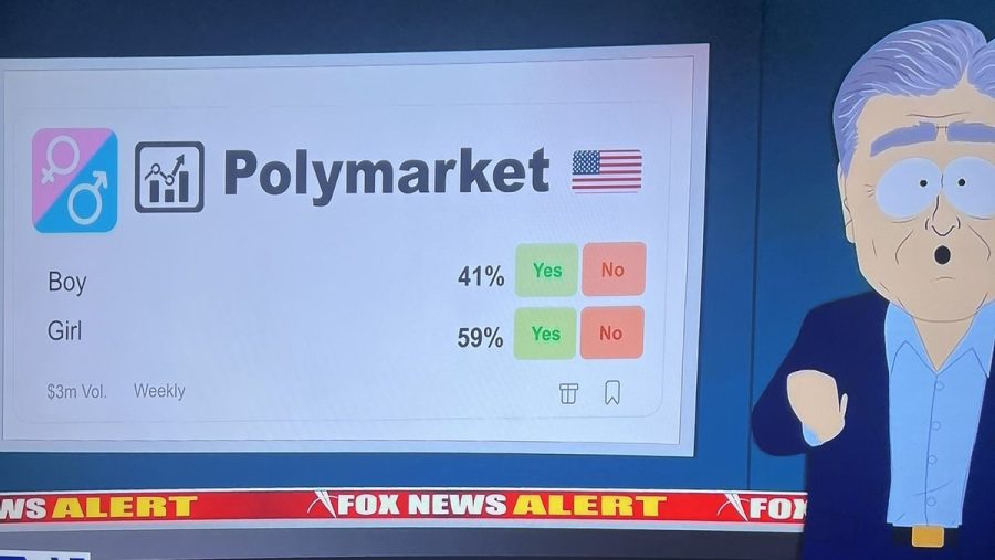 South Park character on the left, with a prediction market being shown on a faux TV show.