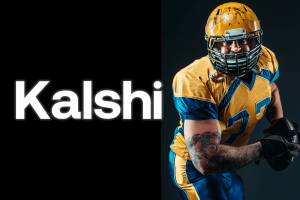 Kalshi plans to introduce multi-leg bets and parlays via CFTC filing. Football player in yellow and blue uniform with helmet holding a ball, positioned on the right side of the image. On the left, the word 'Kalshi' appears in large, bold, white text on a black background.