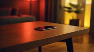 A photograph of a modern wooden desk with a sleek, minimalist design. A black smartphone lies centered on the desk, its surface clean and blank, reflecting the vibrant red and yellow light. The light emanates from an unseen source, casting dramatic shadows and highlighting the smooth grain of the wood and the phone's reflective surface. A blurred background of a stylishly decorated room with a single potted plant adds depth and context to the scene.