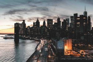 The evening horizon in Manhattan, you can see skyscrapers along the river. Plan of two Manhattan Casinoes, Avenir and Caesars Palace, have been rejected