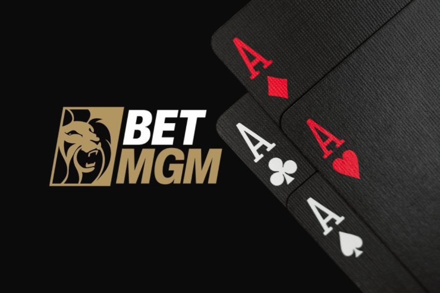 Nevada tops US casino rankings 2025.BetMGM logo next to four playing cards showing aces of diamonds, clubs, hearts, and spades on a black background.
