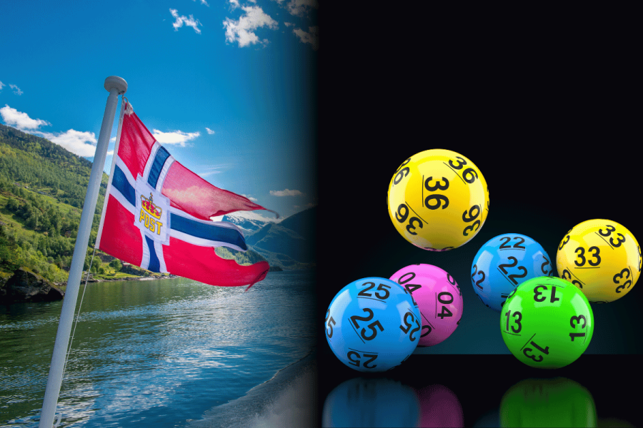 Norwegian Lottery Authority hits Norsk Tipping with M fine. Norwegian flag waving by a fjord on the left, with colorful numbered lottery balls on a black background on the right.