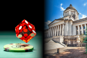 Olympia man was sentenced to $ 900,000 in gambling addiction. Divide the image that shows a red casino dies and poker slices on the left, and the Capitol building Washington on the right
