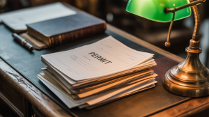 A picture of a wrapped wooden office covered with documents and papers accurately. Paper higher paper visible, width of the floor "Allow" Focus in a clear black line. An antique copper desk lamp with green light refleys throw warm glow on the scene, highlighting the texture of wood and paper. The background is quietly unclear, revealing a glimpse of a dark book linked to the skin and an antique pen that rests on the edge of the office.