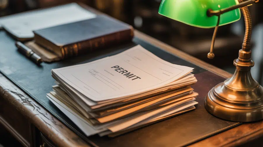 A photograph of a weathered wooden desk covered in neatly stacked documents and papers. The topmost sheet of paper is visible, displaying the word "PERMIT" centered in a clear black font. A vintage brass desk lamp with a green lampshade casts a warm glow on the scene, highlighting the textures of the wood and paper. The background is softly blurred, revealing a glimpse of a dark, leather-bound book and an antique pen resting on the desk's edge.