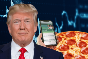 The Pulse Trump predicts a declaration that provokes market gossip, where the Pentagon Pizza Index remains flat. The photo, which was shown by Donald Trump, was edited in front of a background similar to the stock market, with a Pyberone pizza and a smartphone that displays a betting platform.