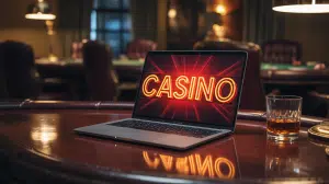 A photograph of a sleek, modern laptop resting on a polished mahogany desk. The laptop screen glows with vibrant red and yellow lights, displaying the words "CASINO" in bold, neon-style font. A half-empty glass of amber whiskey sits to the right of the laptop, subtly reflecting the screen's glow, while the background is blurred with the shadowy silhouette of a high-stakes poker room. The scene is illuminated by a single desk lamp casting dramatic shadows and highlighting the intensity of the digital display.