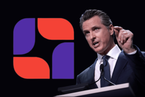 SGLA urges California Governor Newsom to veto AB 831. California Governor Gavin Newsom speaks at a podium with a microphone, gesturing with his hand, in front of the Social Gaming Leadership Alliance (SGLA) logo.