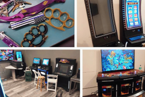 Multiple images in a collage from San Francisco Police, showing items they have seized during a search warrant. San Francisco Police arrest multiple and seize machines in searches