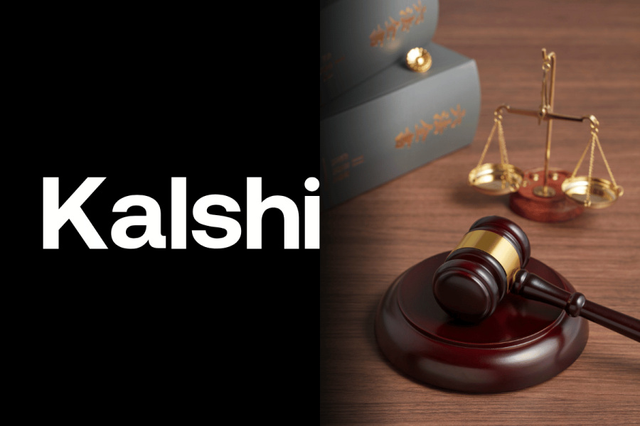 Third Circuit judges appear skeptical of New Jersey in Kalshi case. Split image showing the word 'Kalshi' in bold white text on a black background, next to a judge’s gavel, legal books, and golden scales of justice on a wooden desk.